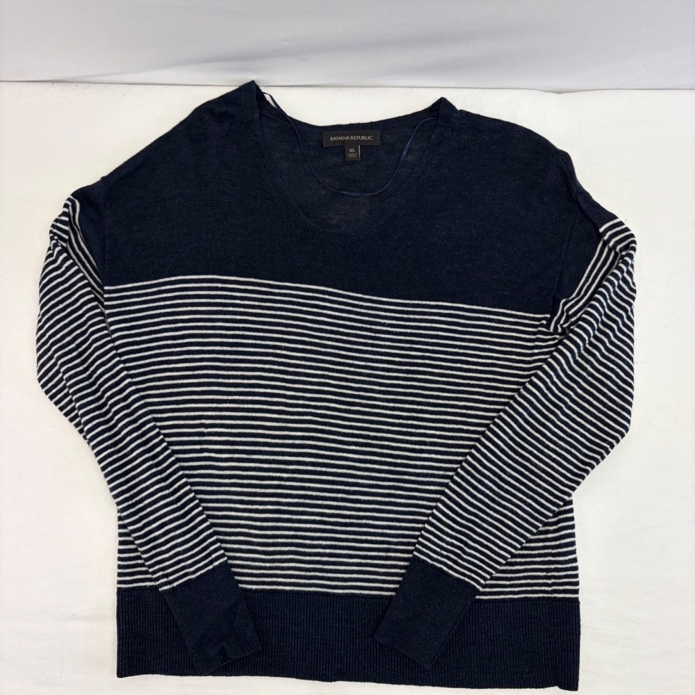 Banana Republic Linen Sweater Women XS Navy Blue Striped Coastal Nautical Preppy - Picture 2 of 10